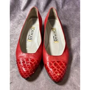 Caiman Womens EU 37 Red Leather Crocodile Embossed Pointed Toe Pumps